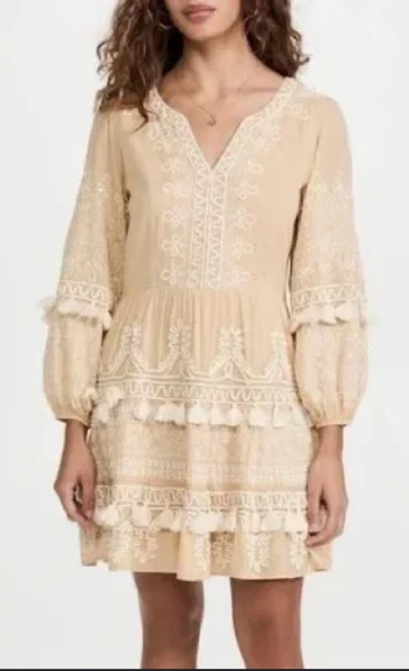 Roller Rabbit Indera Naema Embroidered Dress in Tan & White Size Small Boho